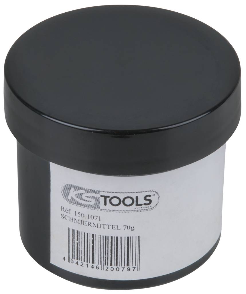 Ein schwarzes Döschen mit dem Etikett 'KG Tools, Ref. 1501071, Schmiermittel 70g'.