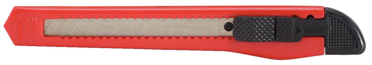 Ein rotes Teppichmesser mit schwarzem Griff und einfahrbarer Metallklinge.