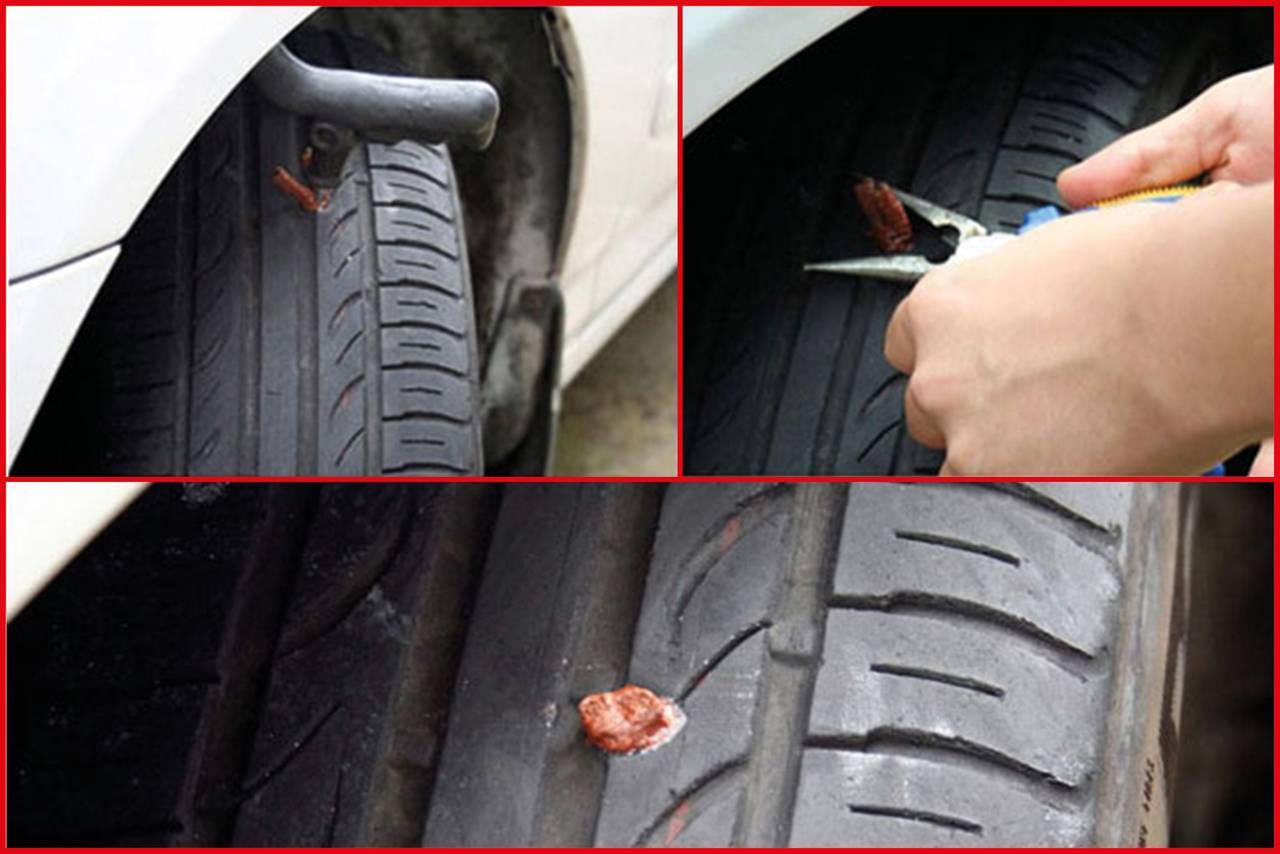 Reifenpanne: Ein Nagel steckt in einem Autoreifen. Eine Hand verwendet eine Zange, um den Nagel zu entfernen.