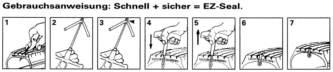 Schritt-für-Schritt-Anleitung zur Verwendung von EZ-Seal: 1. Schutzfolie anheben. 2. Faden ziehen. 3. Faden entfernen. 4-7. Ecken drücken, um zu versiegeln.