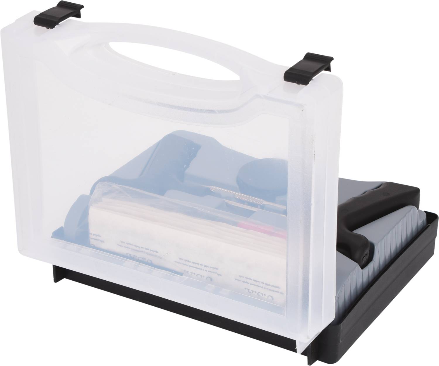 Eine transparente Kunststoffbox mit Tragegriff, gefüllt mit einem Handwerkzeugset, darunter Hammer und Nägel.