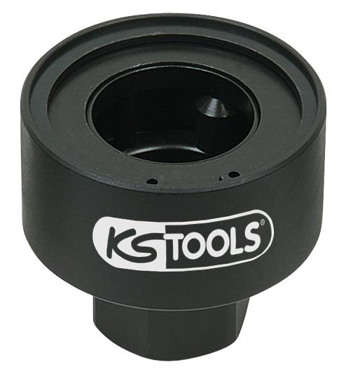 Schwarze Buchse mit 'KS Tools'-Logo, offen an der Oberseite. Werkzeug für mechanische Anwendungen, auf hellem Hintergrund.