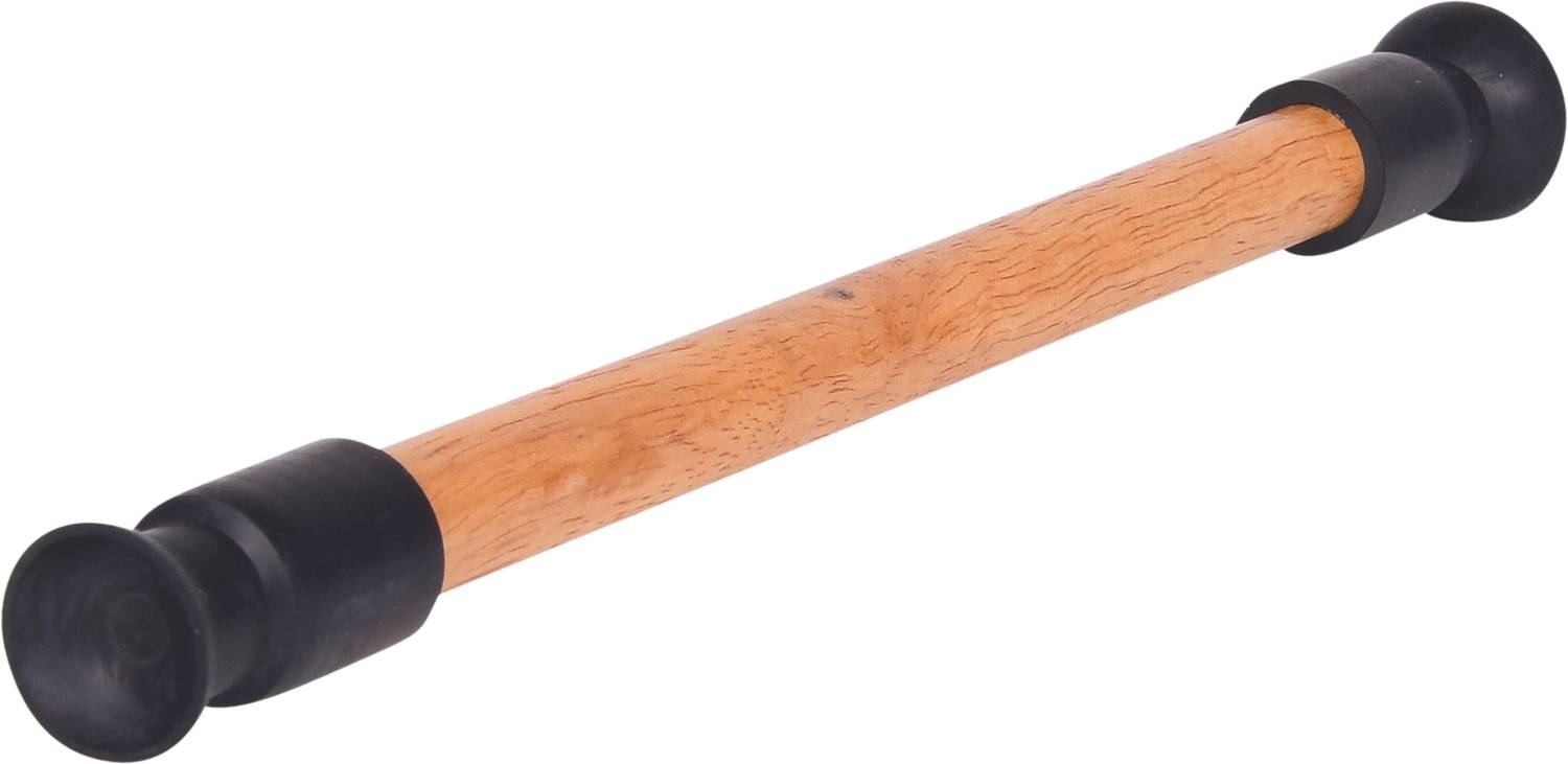 Holz-Klimmzugstange mit schwarzen Gummipuffern an beiden Enden. Ideal für Türrahmen zur Unterstützung von Fitnessübungen.