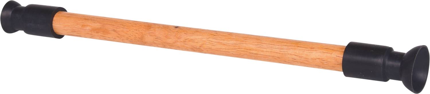 Ein rotbrauner Türstopper mit schwarzen Enden liegt diagonal im Bild.