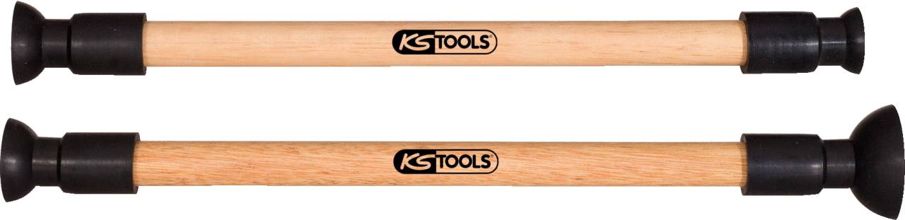 Zwei Holz-Stützstangen mit schwarzen Gummikappen an beiden Enden und 'KS TOOLS' Logo in der Mitte. Sie dienen zur Ladungssicherung.