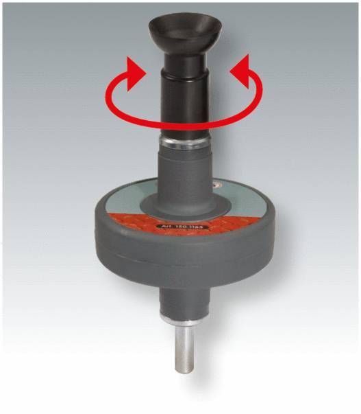 Ein Werkzeug mit drehbarem schwarzem Griff und roter Drehpfeilanzeige, auf grauem Hintergrund.