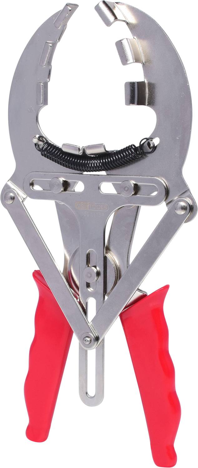 Eine metallische Zange mit roten Griffen, geeignet für das Verschließen von Klammern oder speziellen Verschlüssen, genutzt in mechanischen Anwendungen.