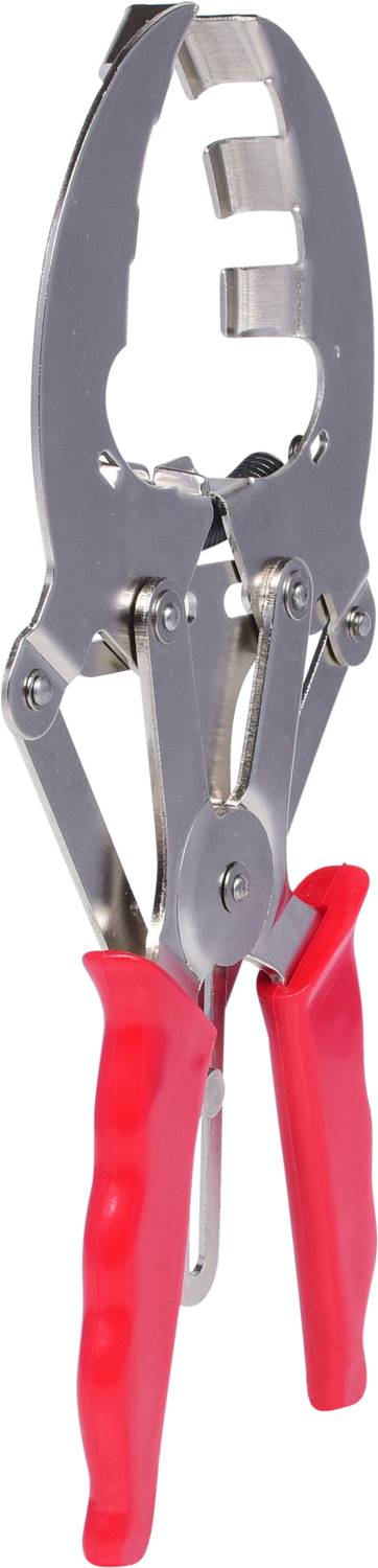 Rotes und silbernes Werkzeug, ähnlich einer Zange, mit ergonomischen Griffen. Möglicherweise für spezielle Schneide- oder Greifarbeiten.