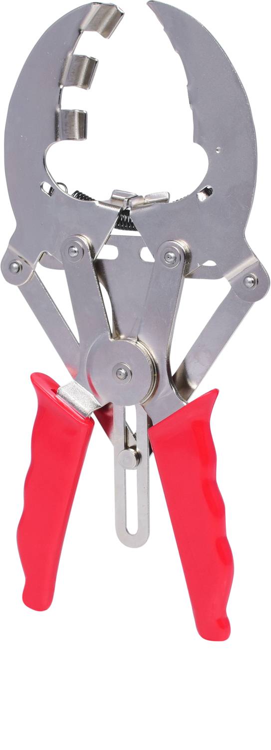 Handwerkzeug mit roten Griffen, spezialisierte Metallzange, vermutlich für spezielle technische Anwendungen.