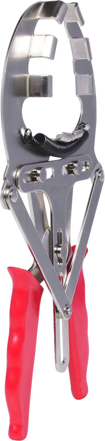 Metallisches Werkzeug mit roten Griffen, möglicherweise Zange oder Klammer, verwendet für robustes Greifen oder Halten.
