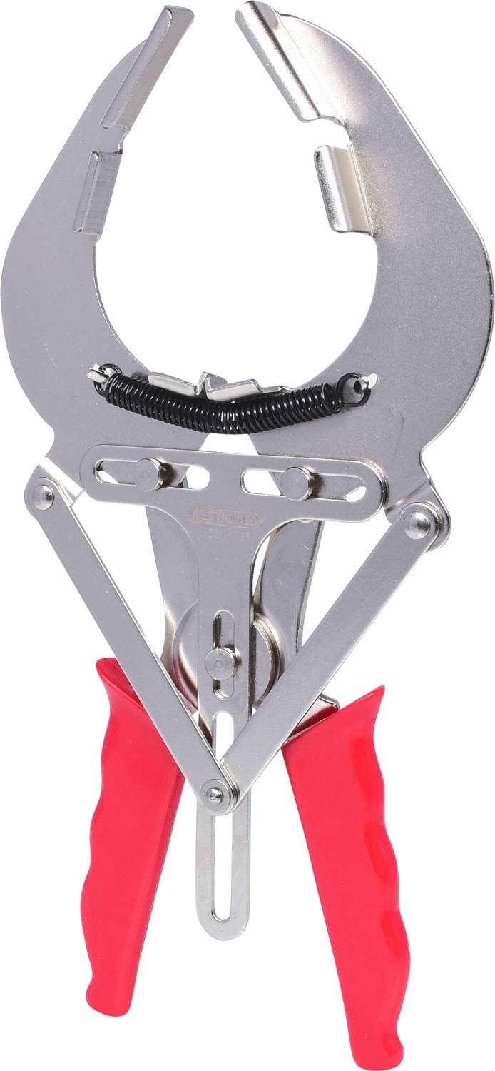 Eine metallene Zange mit roten Griffen und einer Feder in der Mitte, die geöffnet ist. Ideal zum Klemmen oder Greifen von Objekten.