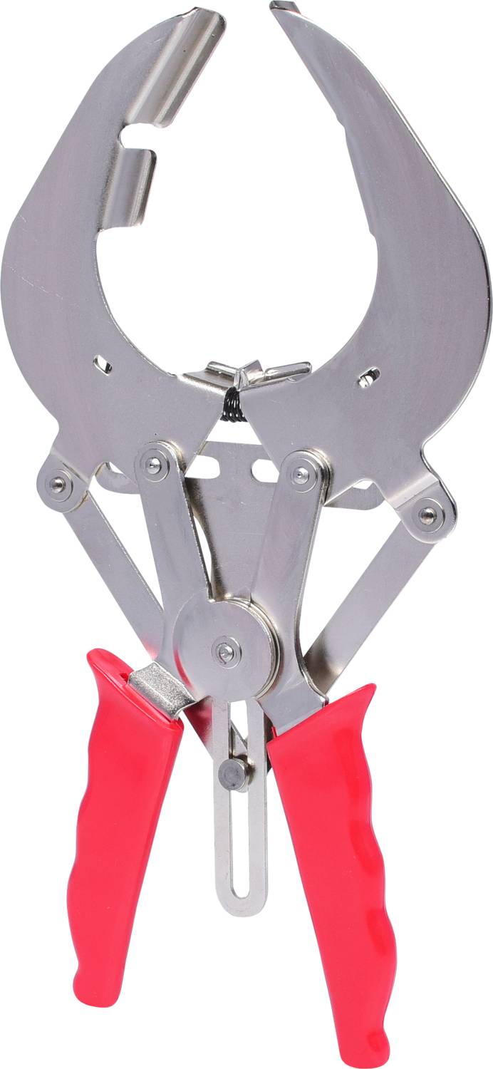 Zange mit roten Griffen, geöffnet, aus Metall. Wird benutzt für Greifen oder Fixieren von Gegenständen.