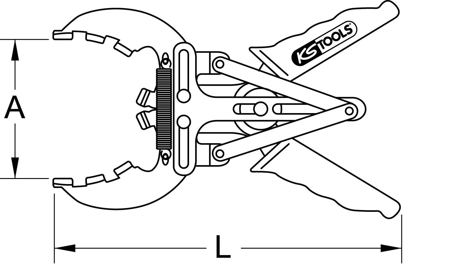 Abbildung eines Werkzeugs mit Greifzangen und Hebel. Beschriftet 'KS Tools'. Maße L und A sind angegeben. Werkzeug wahrscheinlich zum Greifen oder Öffnen von Objekten verwendet.