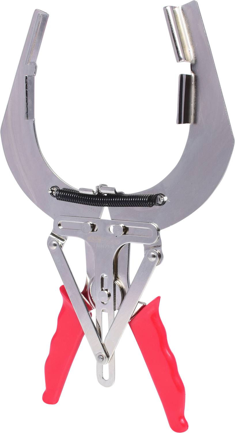 Eine rote und silberne Klemmschelle mit Griffen, die zum Fixieren von Schläuchen oder Rohren verwendet wird.
