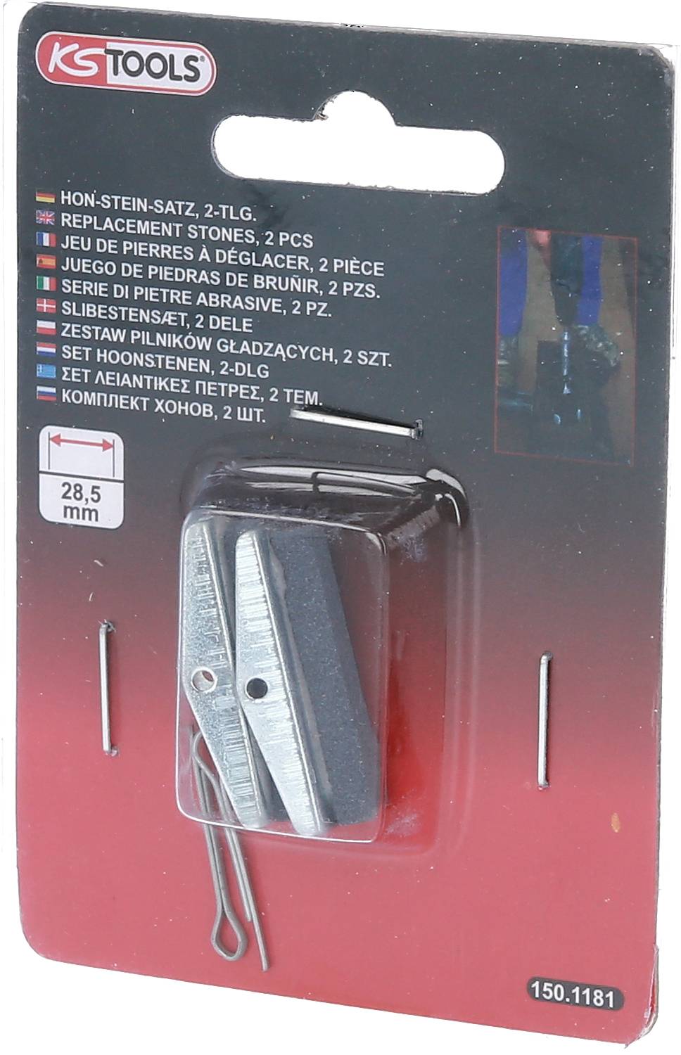 Verpackung von KS Tools enthält einen Hon-Stein-Satz, 2-teilig, für Schleifarbeiten mit zwei grauen Schleifsteinen und Metallklammern.