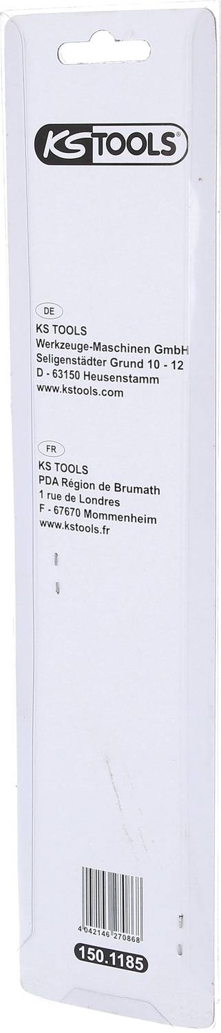 'KS TOOLS' Verpackungsetikett mit Adresse der Werkzeugmaschinen GmbH in Deutschland und der Niederlassung in Frankreich. Artikelnummer: 150.1185.