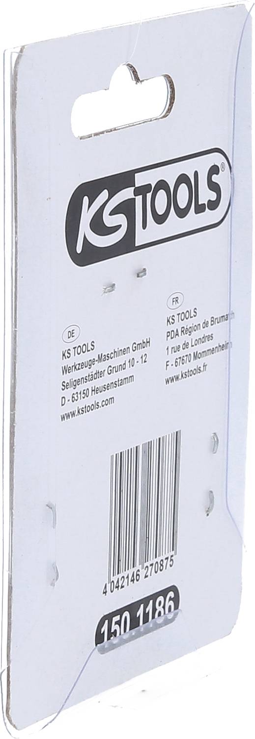 Verpackung einer Werkzeugmarke mit dem Logo 'KS Tools' und Kontaktdaten des Herstellers.