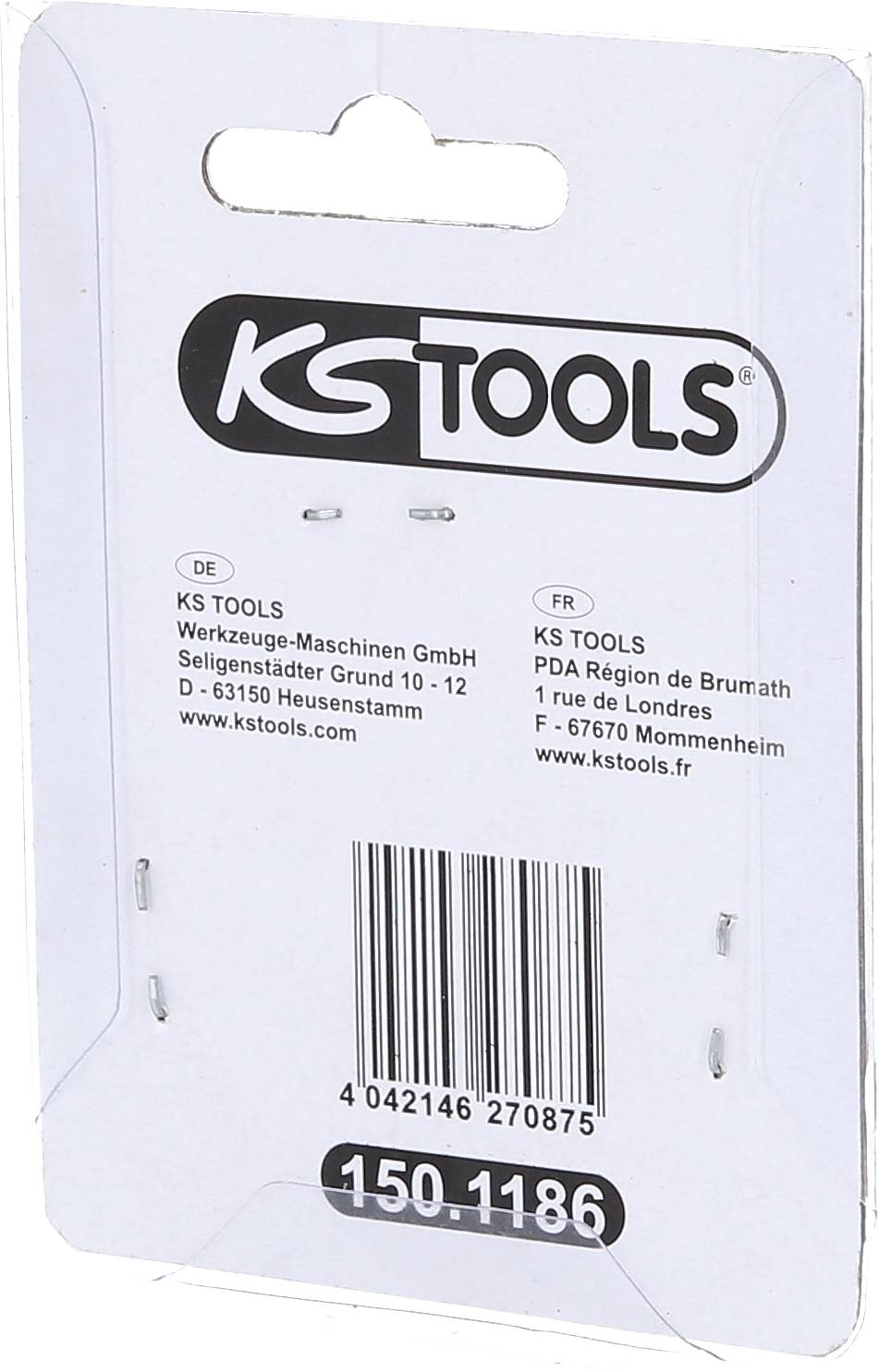 Verpackung von KS Tools mit Produktnummer 150.1186. Enthält Firmeninformationen auf Deutsch und Französisch.