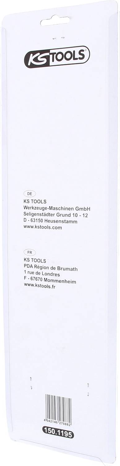 Rückseite einer Verpackung von KS Tools, zeigt Adresse und Kontaktinformationen der Firma in Deutschland und Frankreich.