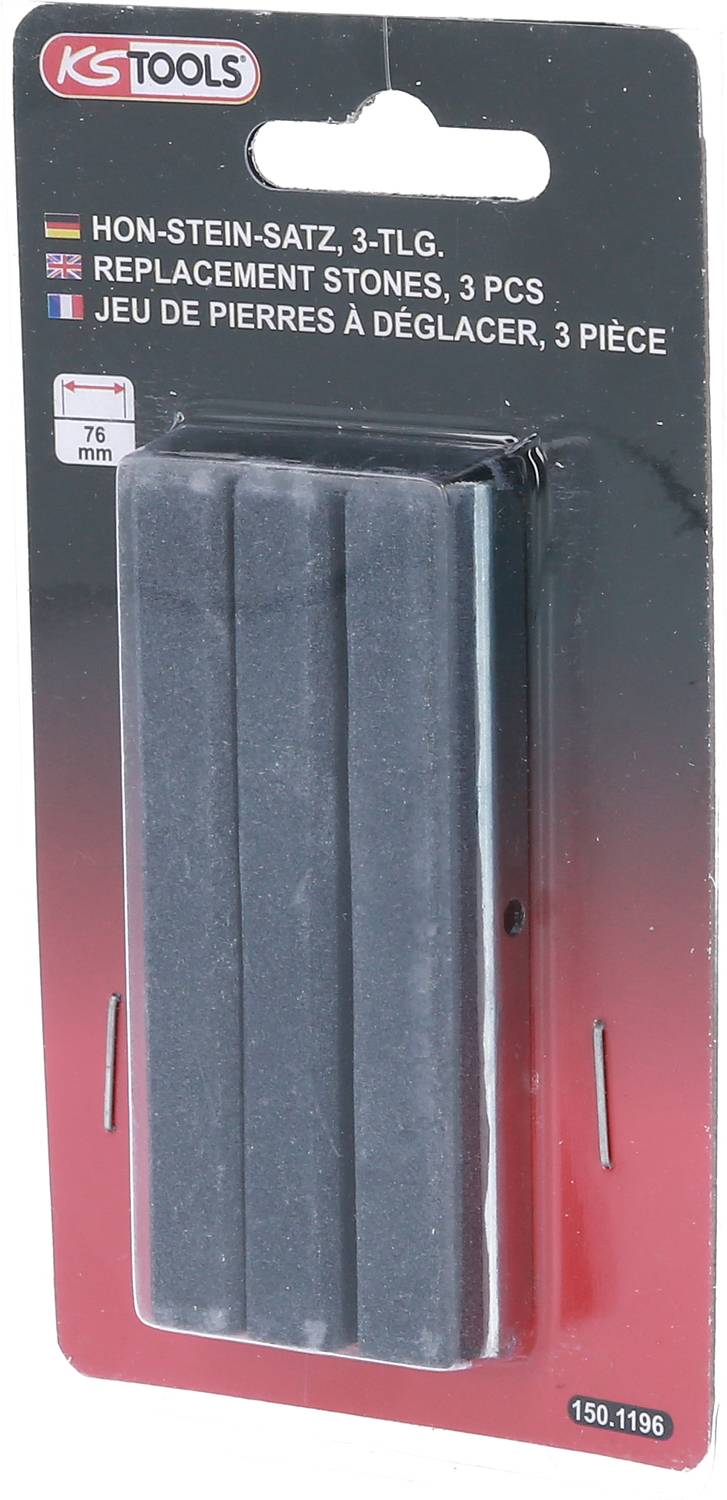 'KS Tools' Honstein-Satz, 3-tlg., 76 mm Größe, verpackt auf rotem Karton. Enthält drei Schleifsteine für mechanische Anwendungen.