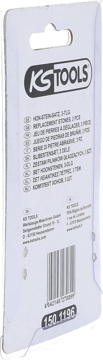 Verpackung eines 3-teiligen Honstein-Sets von KS Tools. Enthält Ersatzsteine. Text in mehreren Sprachen.