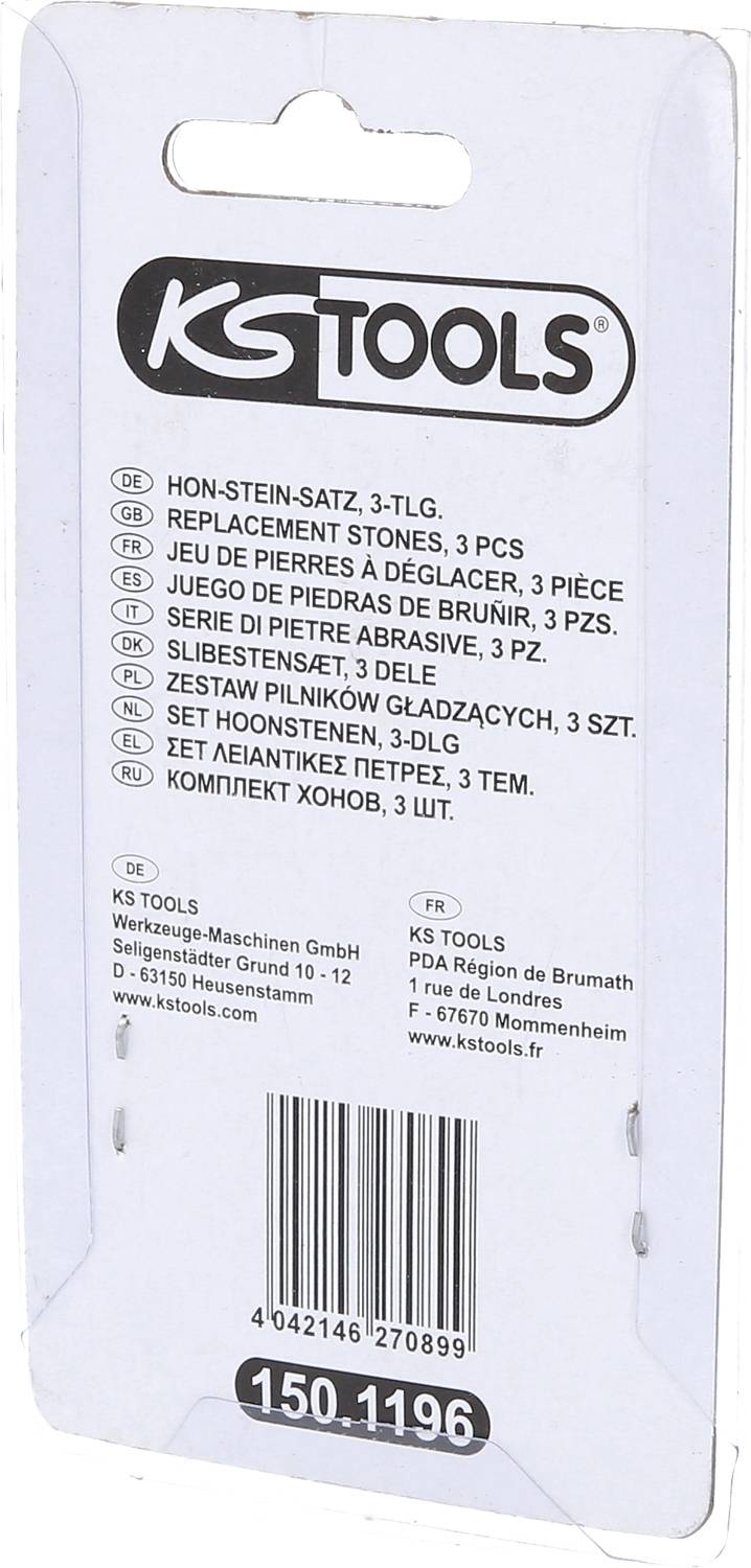Verpackungsrückseite eines 'HON-STEIN-SATZ, 3-TLG.' von KS Tools, zeigt Produktname auf mehreren Sprachen, Herstelleradresse und Webseite.