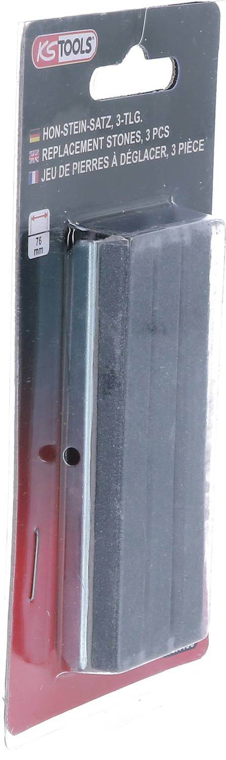Verpackung mit einem Set aus drei Schleifsteinen der Marke KS Tools. Enthält Etikett mit Beschriftung in drei Sprachen.