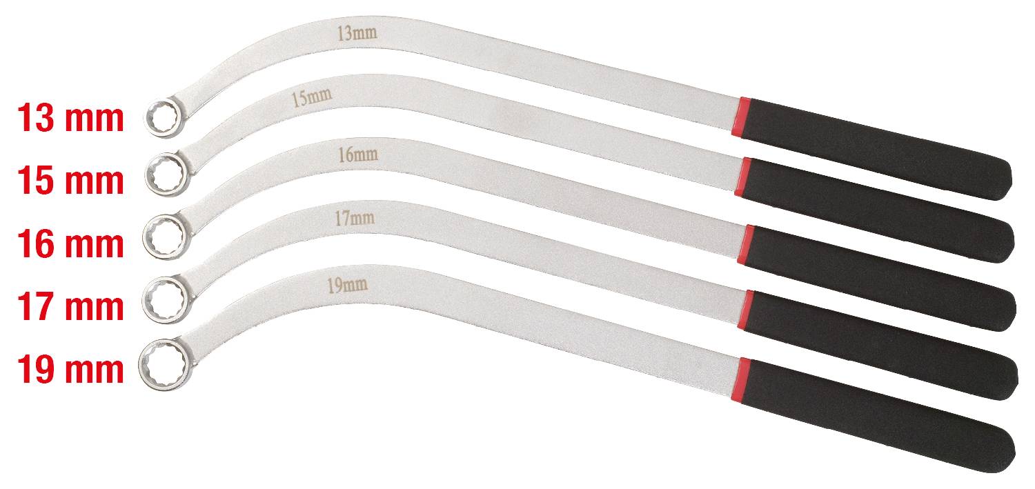 Fünf Gabelringschlüssel mit unterschiedlichen Größen: 13 mm, 15 mm, 16 mm, 17 mm, 19 mm. Ideal für schwer erreichbare Stellen.