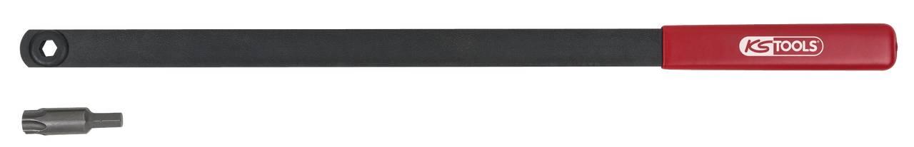 Ein langer Hebelarm mit rotem Griff und Logo von KS Tools. Daneben liegt ein kleiner Einsatz, vermutlich ein Bit oder Adapter.