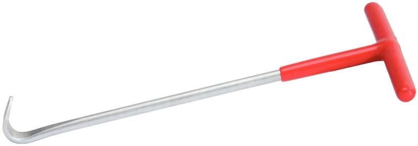 Ein T-förmiger Haken mit langem Metallstiel und rotem Griff, verwendet zum Ergreifen oder Ziehen von Gegenständen.