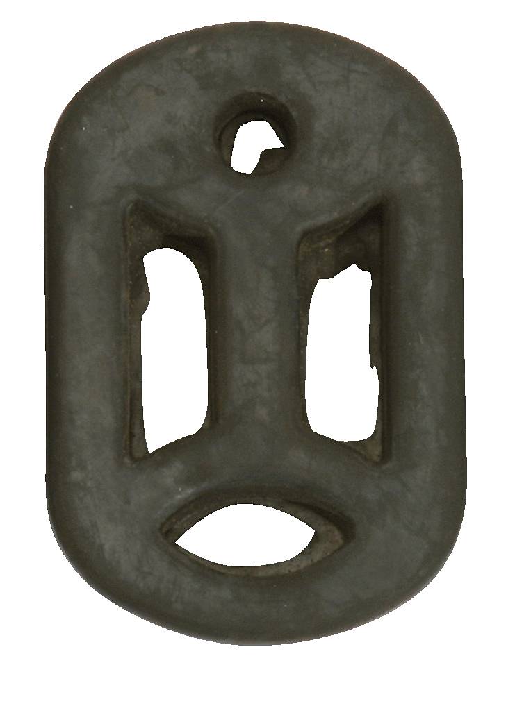 Ein ovales, dunkles Gummiteil mit Öffnungen und einem Loch oben. Möglicherweise ein Dämpfungselement oder Befestigungsteil.