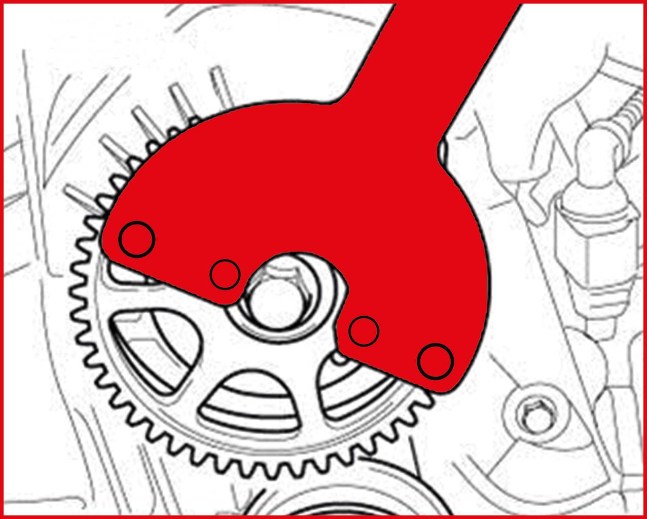 Rotes Werkzeug greift Zahnrad in einer technischen Zeichnung einer Maschine oder eines Motors, zeigt Verbindung oder Reparaturprozess.