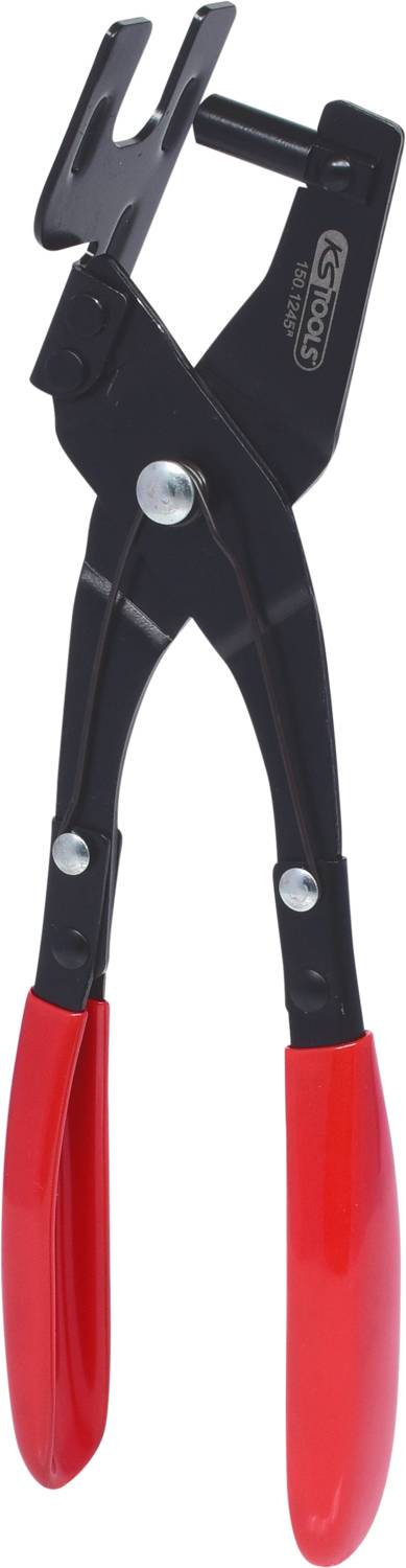 Zange mit roten Griffen und schwarzem, flachem Kopf, geeignet zum Greifen und Halten von Metallteilen.