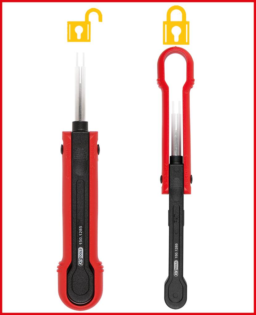 Ein rotes Sicherheitswerkzeug mit einem schwarzen Griff zum Isolieren und Abschneiden von Kabel, dargestellt in offenem und geschlossenem Zustand. Symbole mit offenem und geschlossenem Schloss.
