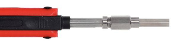 Ein rot-schwarzer Lötkolben mit einer silbernen Lötspitze, geeignet für präzise Lötarbeiten in Elektronik und handwerklichen Projekten.