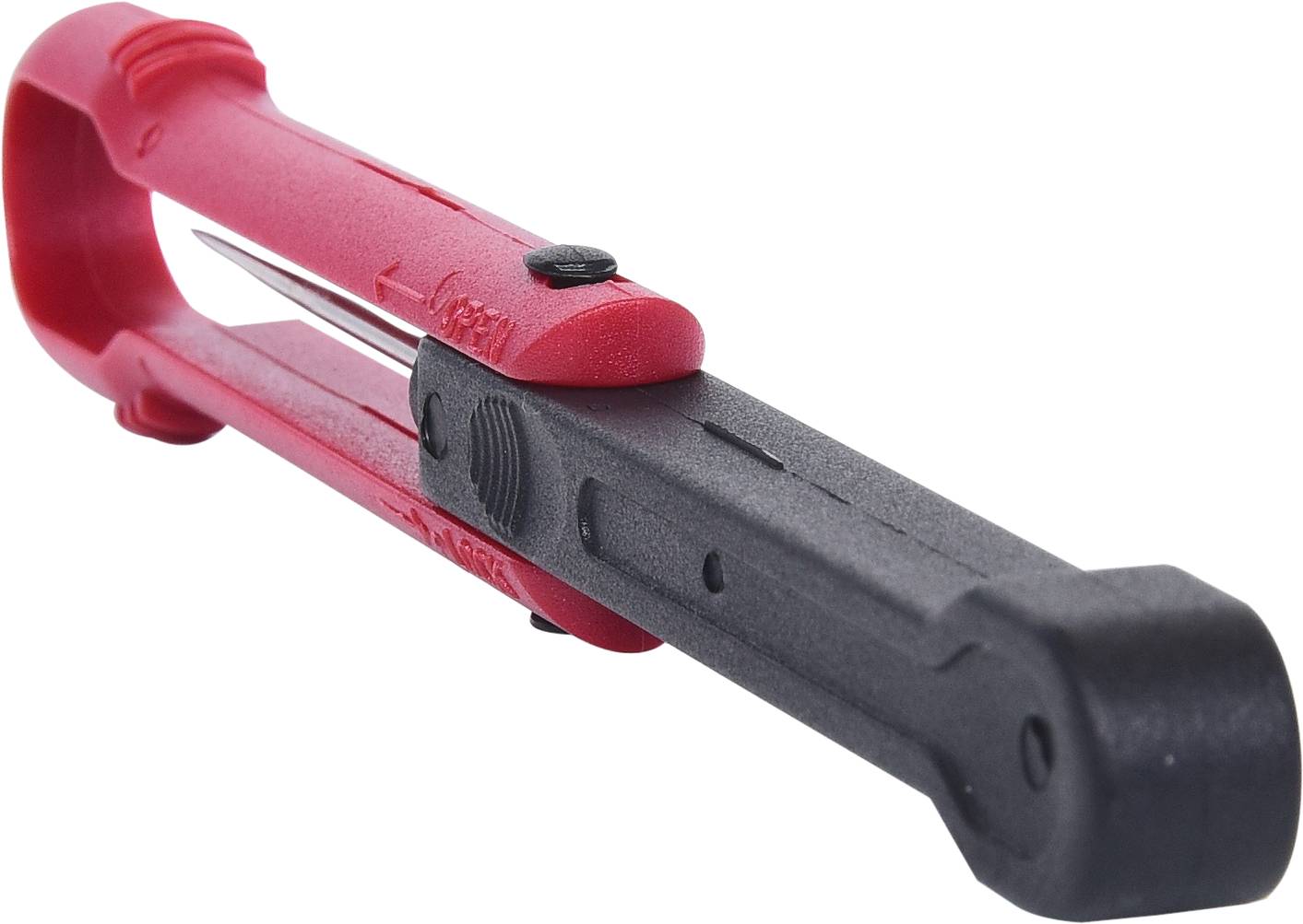 Ein einfacher, tragbarer Messerschärfer mit einem roten Griff und schwarzen Schleifflächen. Geeignet für Küchenmesser.