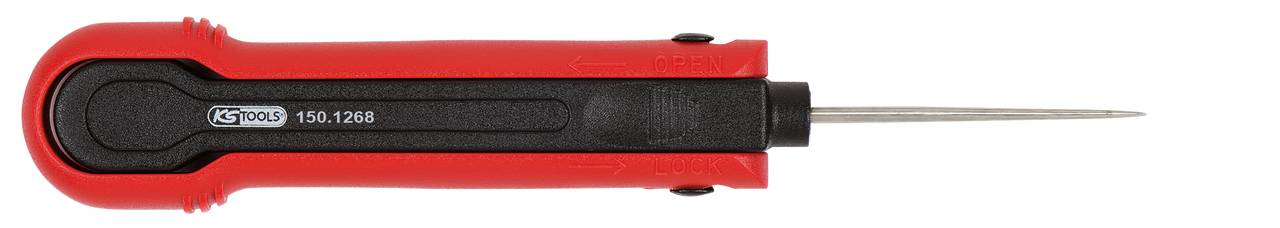 Roter Spannungsprüfer mit schwarzem Griff und Metallspitze, seitlich liegend.