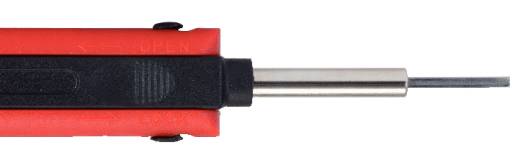 Ein elektrischer Lötkolben mit rotem Gehäuse und schwarzem Griff. Die Spitze ist aus Metall und zeigt nach rechts.