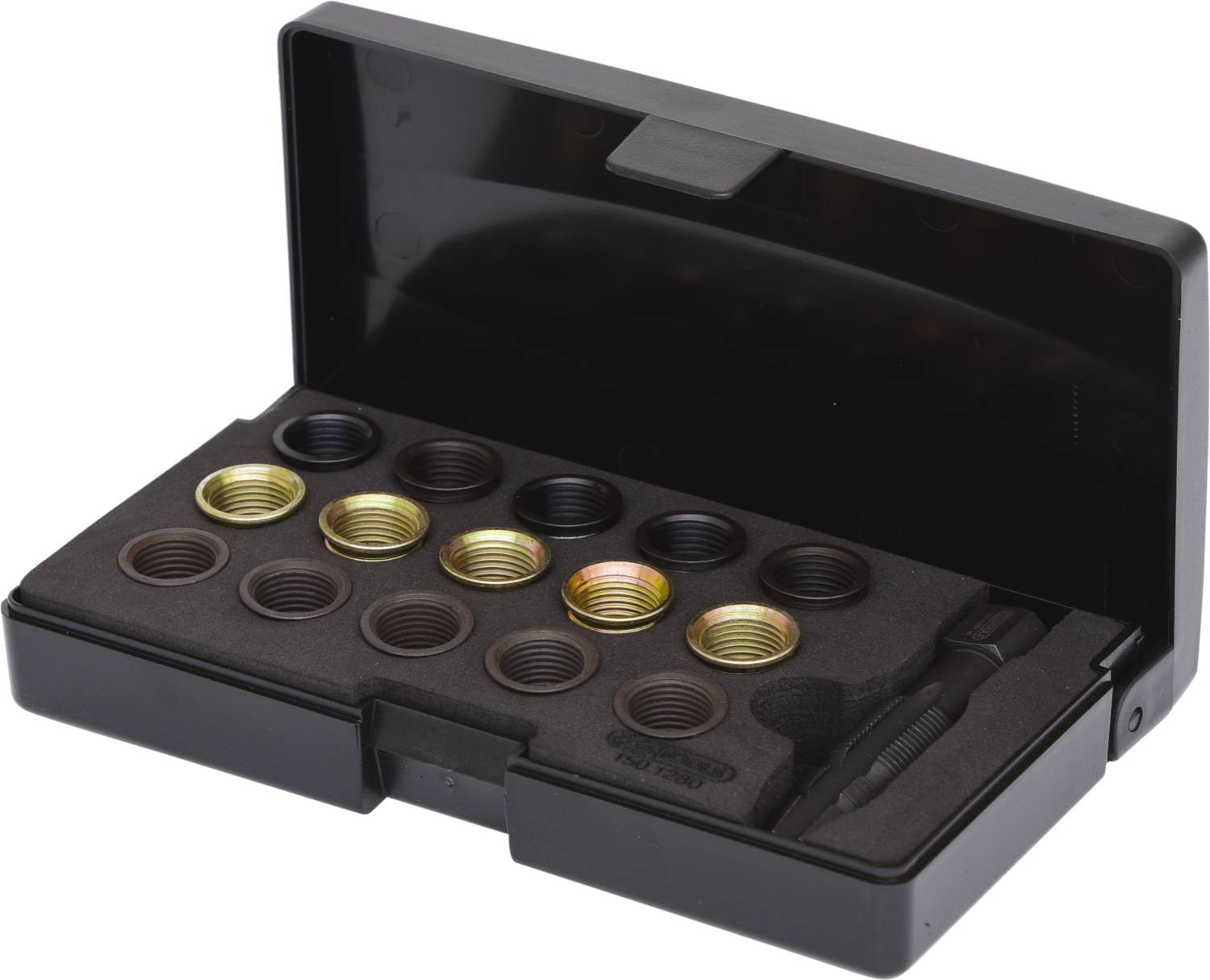 Plastikkoffer mit verschiedenen Gewindeeinsätzen und Werkzeug, in Schaumstoff eingesetzt, zur Reparatur von beschädigten Gewinden.