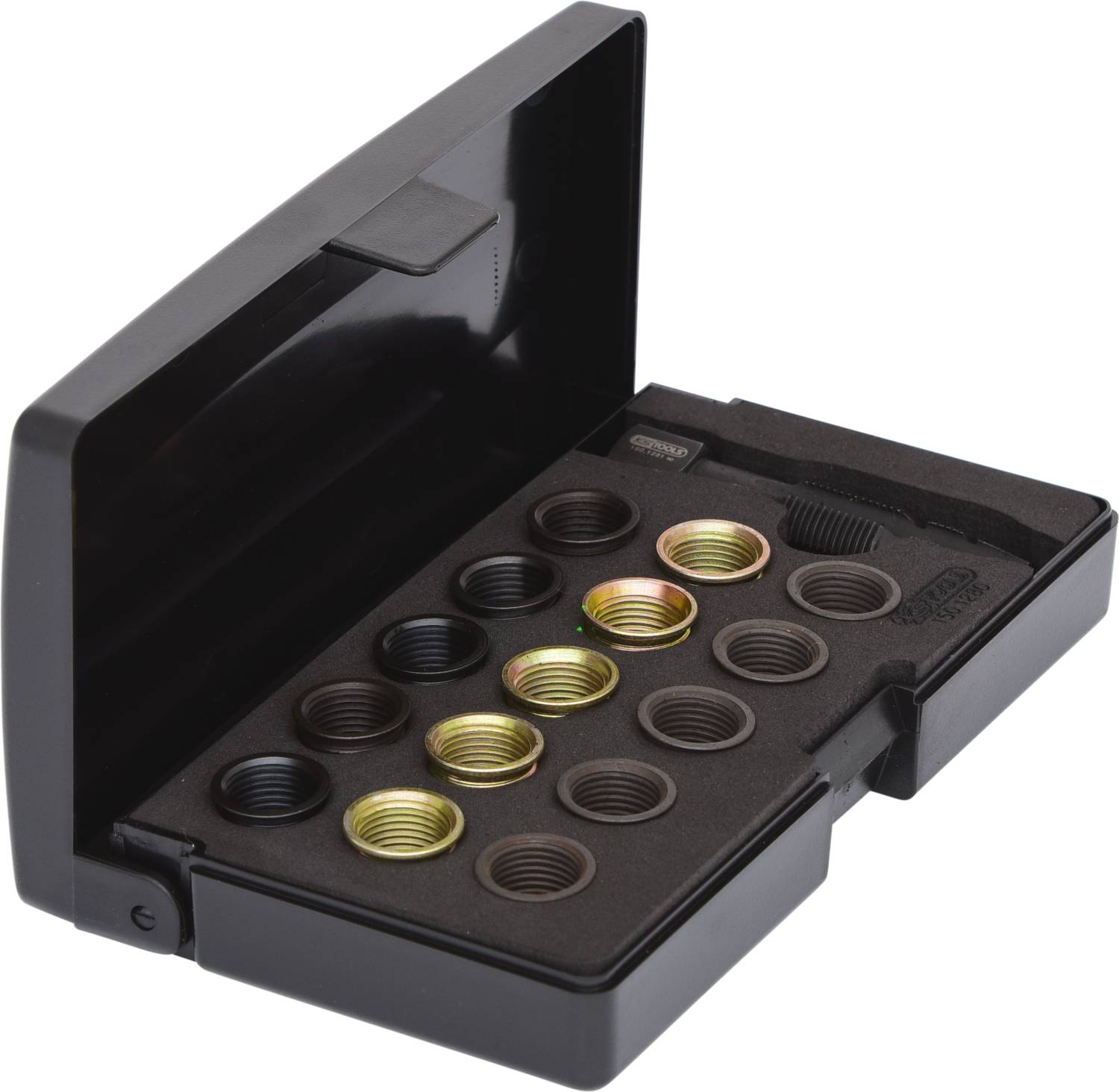 Eine offene Schachtel mit sortierten Metallmuttern in verschiedenen Größen liegt in einer schwarzen Kunststoffbox.