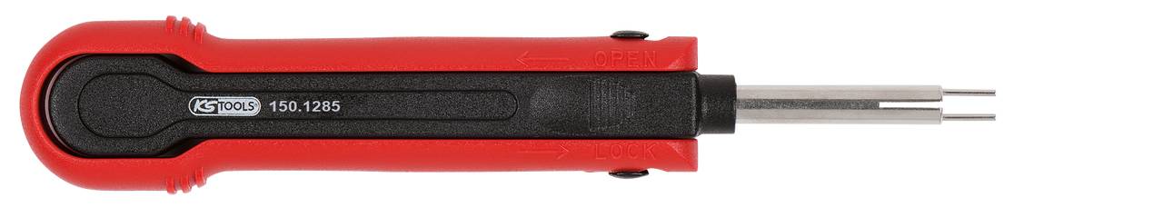 Ein rotes Werkzeug mit schwarzem Griff, das wie ein Sicherheitsbetätiger für Schließvorrichtungen aussieht, mit zwei metallischen Stiften an einem Ende.