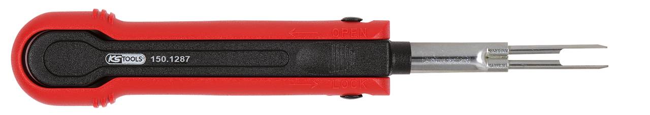 Ein roter Schraubendreher mit zwei Metallspitzen an der Spitze, liegend und von der Seite betrachtet.