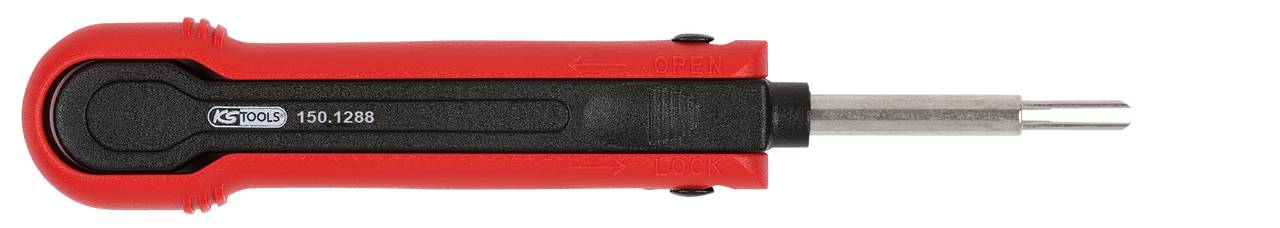 Ein roter Schraubenschlüssel mit schwarzem Griff und silberner Spitze, seitlich liegend.