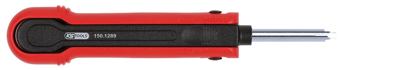 Ein rotes Crimpwerkzeug mit schwarzem Griff und Metallzangen, verwendet für die Befestigung von Steckverbindern an Kabeln.