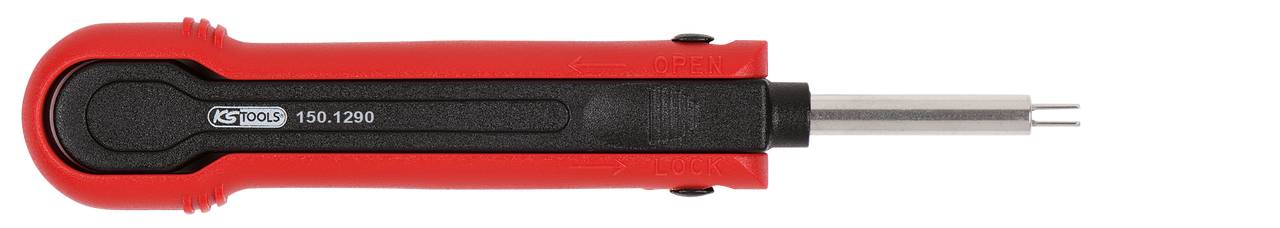 Ein rotes, längliches Werkzeug mit schwarzem Griff und einer metallischen Spitze, vermutlich ein elektrischer Lötkolben.