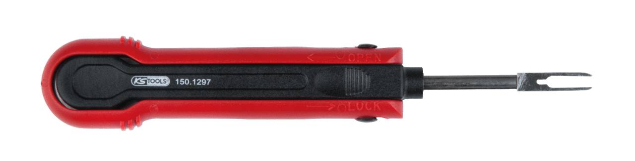 Ein rotes Entnahme-Werkzeug mit schwarzem Griff und Metallspitze, wird zum Herausziehen kleiner Teile oder Drähte verwendet.
