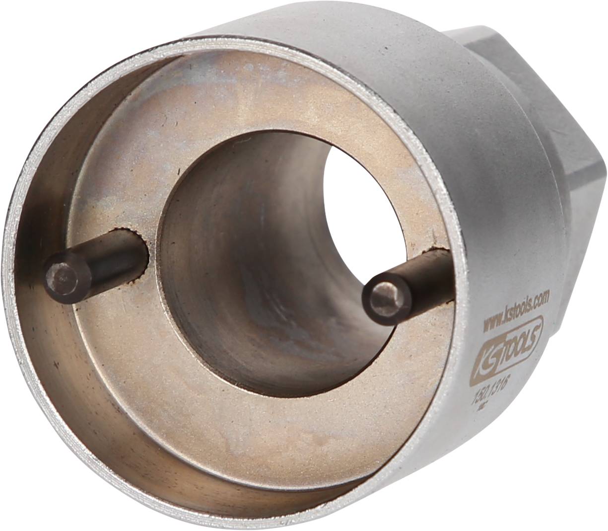 Metallwerkzeug mit zwei Stiften innen und einem breiten Rand. Verwendet für spezifische mechanische Anwendungen oder Reparaturen.