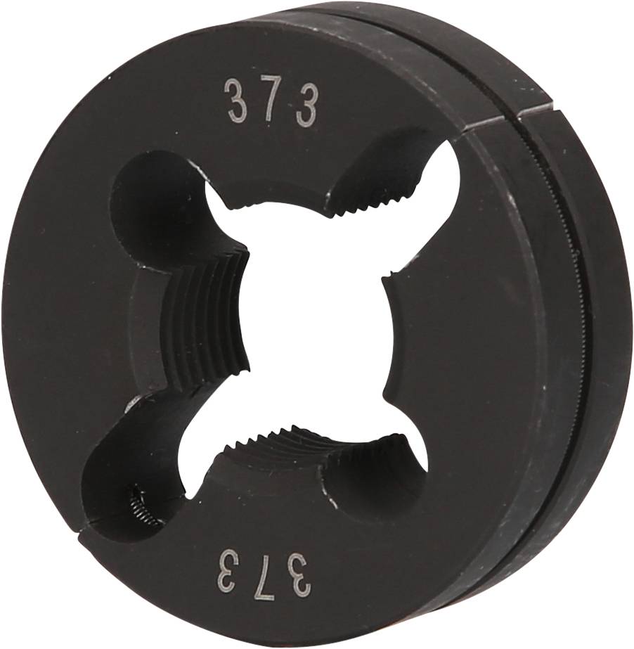 Rundes Metallwerkzeug mit vier symmetrischen Aussparungen und '37.3' Gravur oben. Verwendet zur Bearbeitung von Schraubengewinden.