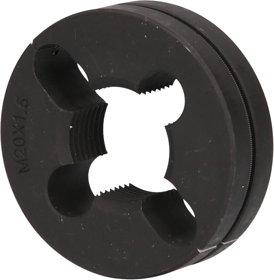 Eine runde Gewindeschneidplatte mit vier Aussparungen und einer zentralen Gewindebohrung, markiert mit 'M20x1.5'.