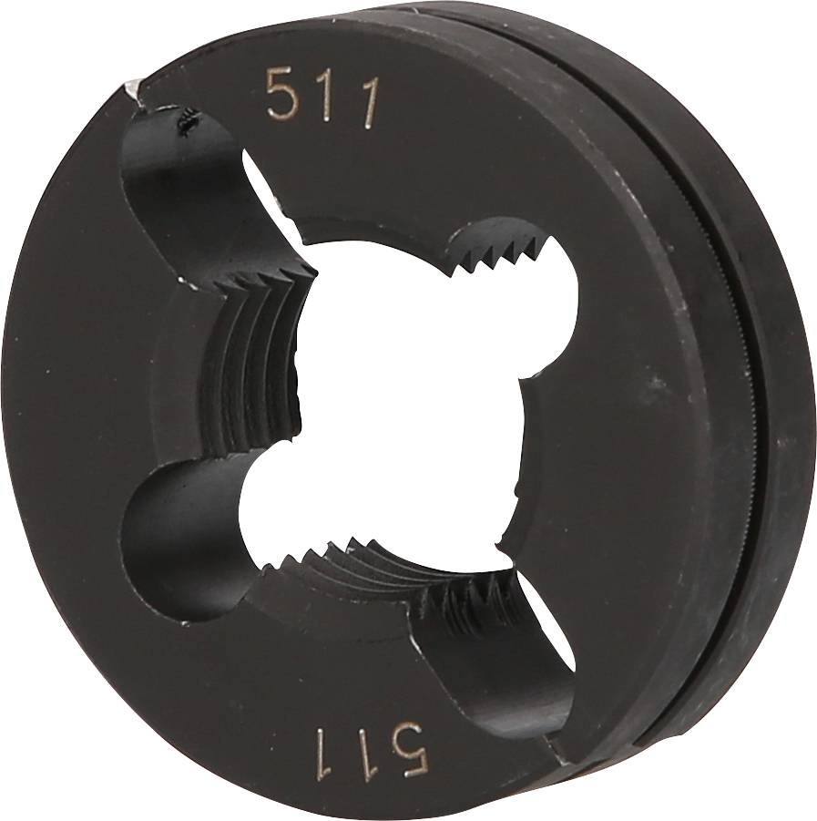 Ein schwarzes Rundgewindeschneideisen mit dem Aufdruck '511', zeigt Innengewinde für das Schneiden von Gewinden auf zylindrischen Werkstücken.